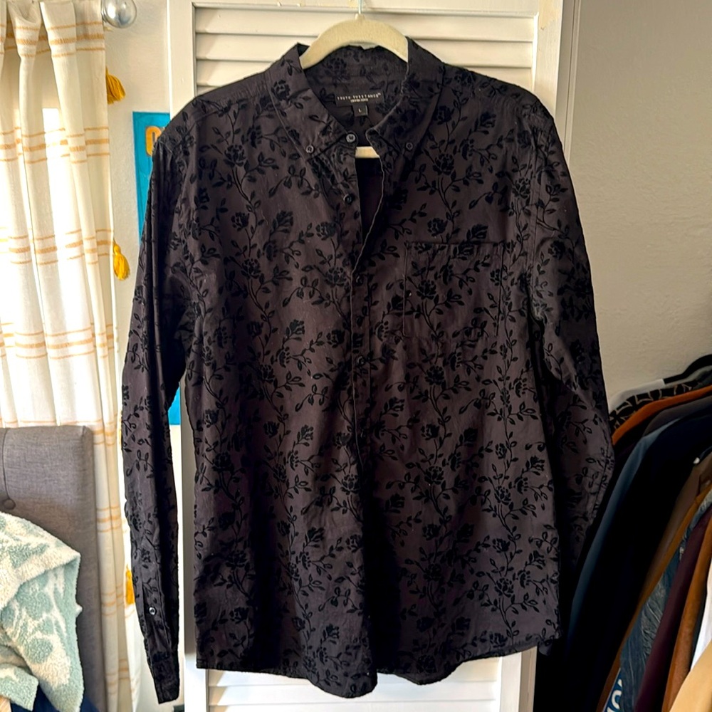 Black button down shirt with suede, rose Vine graphic detail